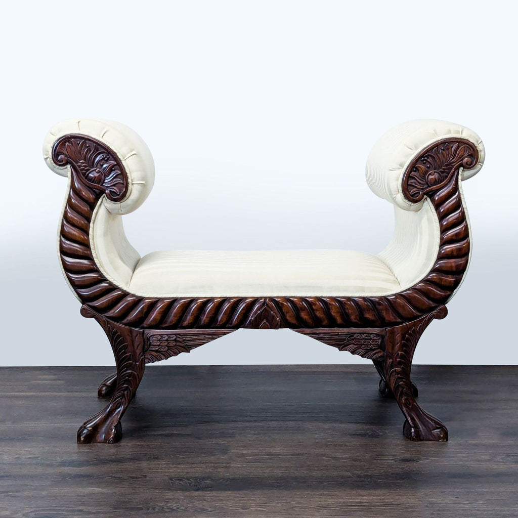 1. Ornate Reperch bench with carved wood frame and cream striped upholstery, ideal for classic interiors.