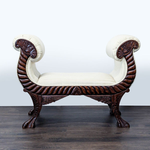 1. Ornate Reperch bench with carved wood frame and cream striped upholstery, ideal for classic interiors.