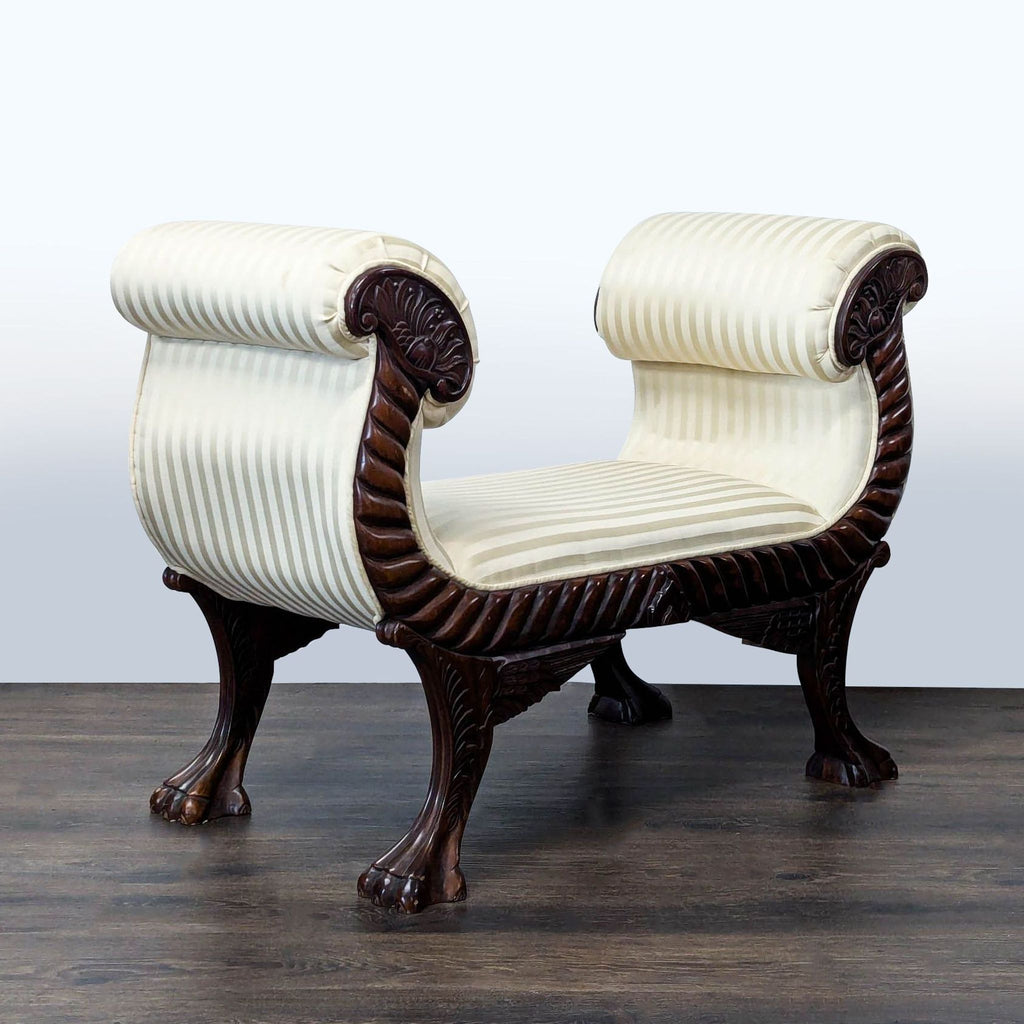 2. Side view of a Reperch stool, featuring scroll arms, winged legs, and luxurious cream fabric.