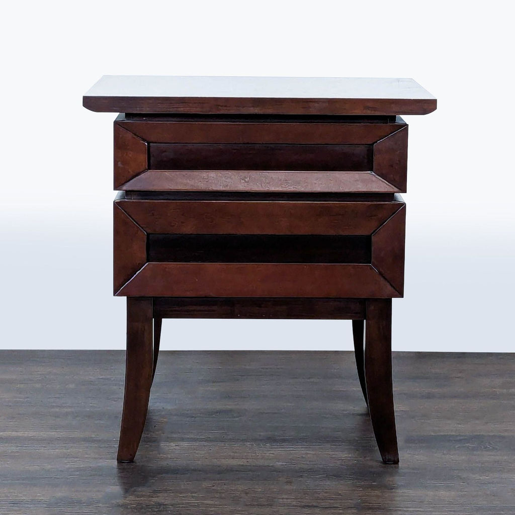 1. Front view of a Reperch end table with two drawers, featuring a dark wood finish and angled legs.