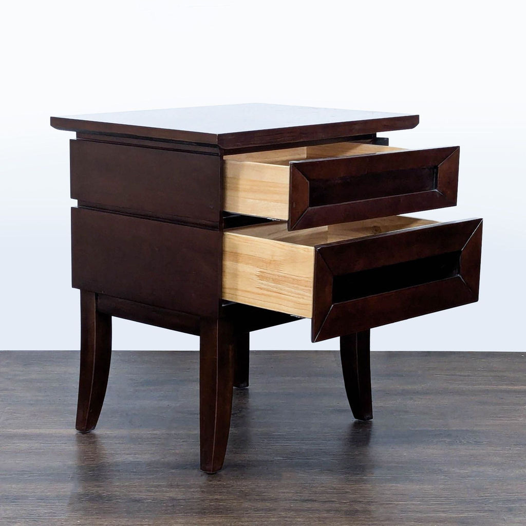 3. Reperch end table with both drawers open, displaying inner wood construction and dark exterior finish.