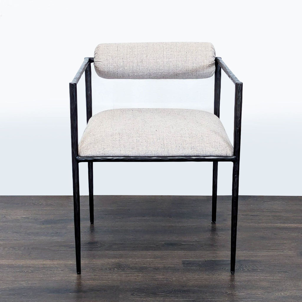 1. Pewter dining chair with metal frame, upholstered seat, and rolled backrest, shown from the front.