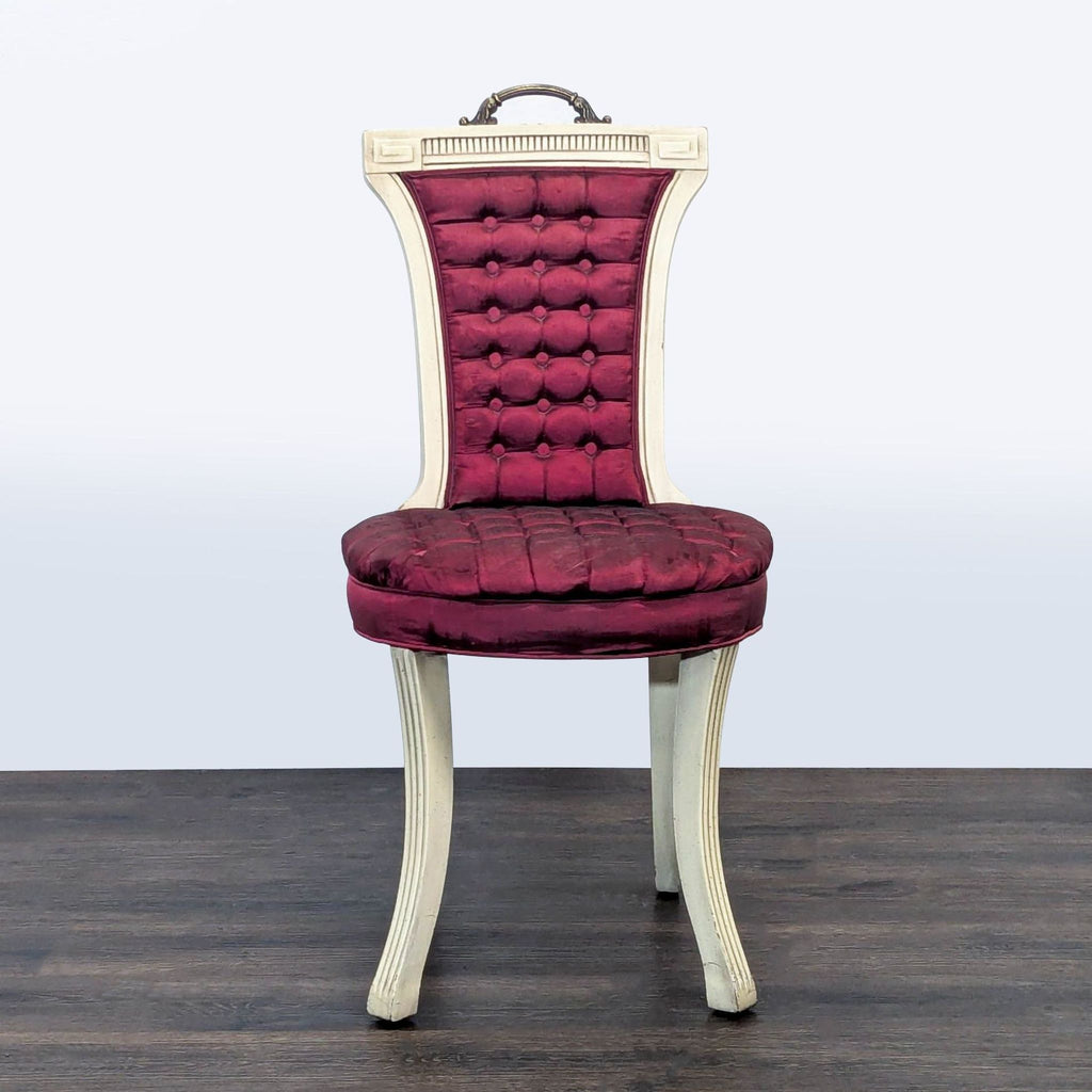 1. Reperch Lounge chair with tufted burgundy velvet upholstery and white wood frame, viewed from the front.