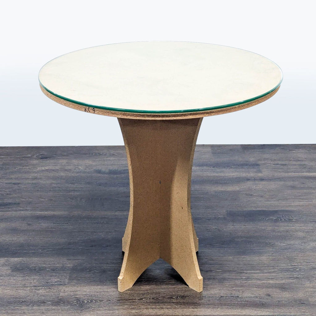 3. Reperch end table with round glass top and intersecting wooden base, shown against a clean background.