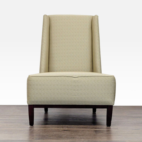 1. Beige lounge chair with high back, subtle pattern upholstery, and sturdy wooden legs, shown from the front.