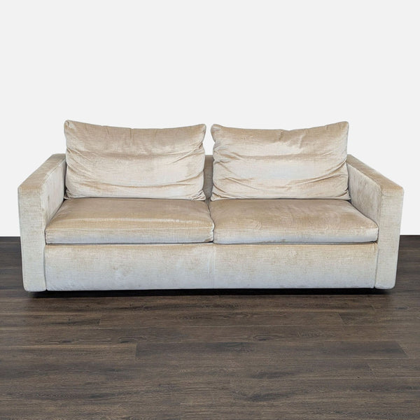 Front view of a neutral-toned Flexform 3-seat sofa with plush cushions and a modern, boxy design.