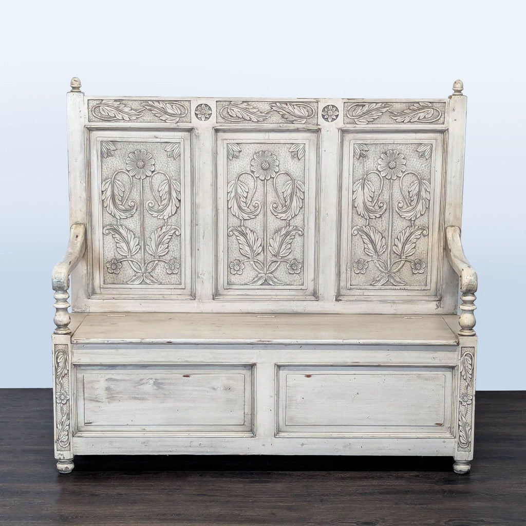 1. Reperch bench with ornate floral carvings, high back, and distressed white finish, viewed from the front.