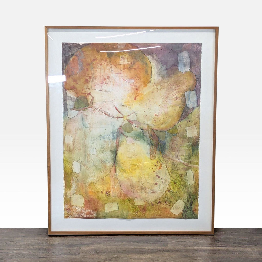 Large framed abstract painting with warm yellow, orange, green, and brown colors, signed by the artist.