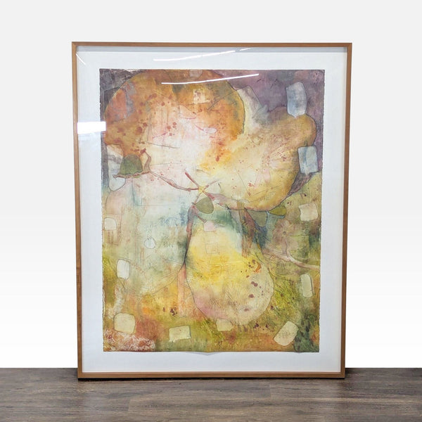 Large framed abstract painting with warm yellow, orange, green, and brown colors, signed by the artist.