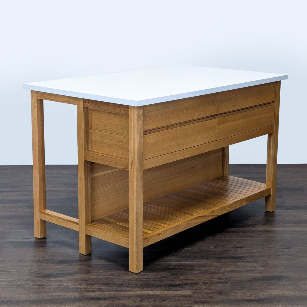 2. Modern Article dining table with white surface and natural wood, shown from an angled side view.
