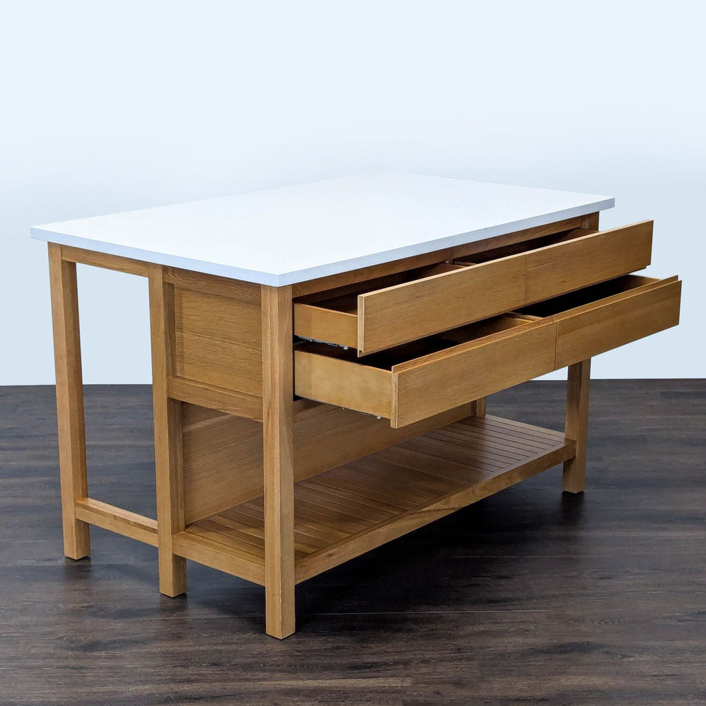 3. Article brand dining table featuring open drawers, a white tabletop, and a wooden lower shelf.