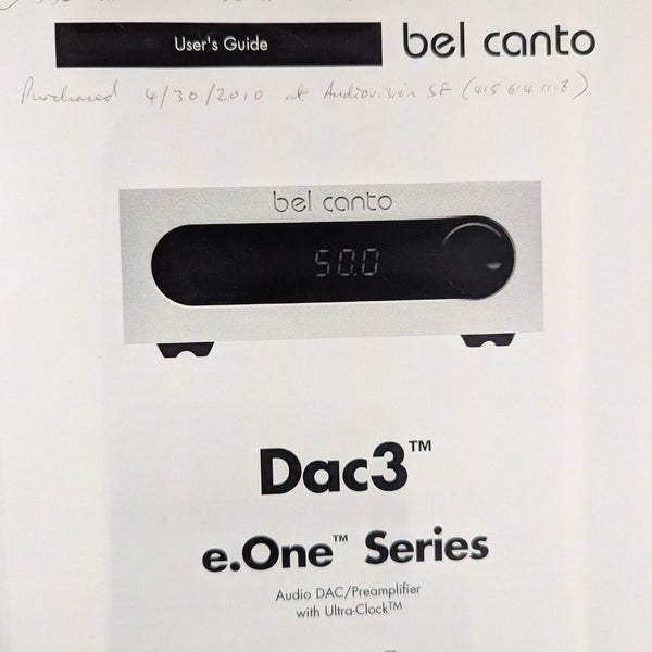 1. Bel Canto Dac3 e.One Series audio DAC/preamplifier user guide cover, audio equipment category.