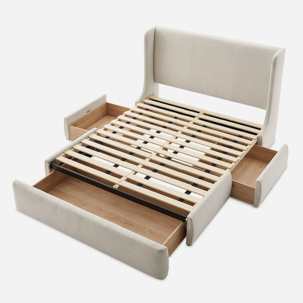 Modern upholstered Castlery bed frame in Navagio Beach linen featuring spacious storage drawers for organization.  