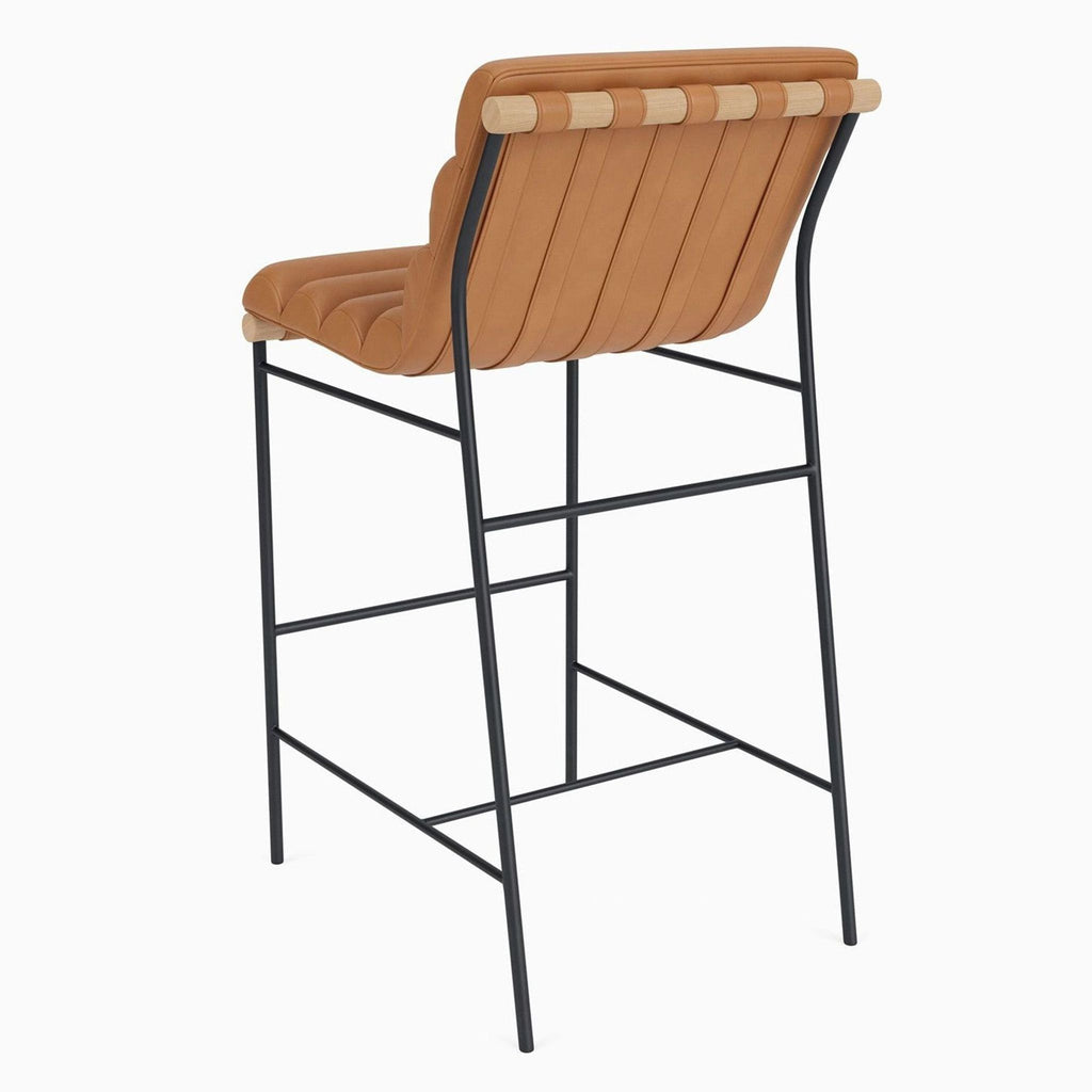 3. Contemporary Denver Modern stand with powder coated steel, oak dowel, and leather strap details.