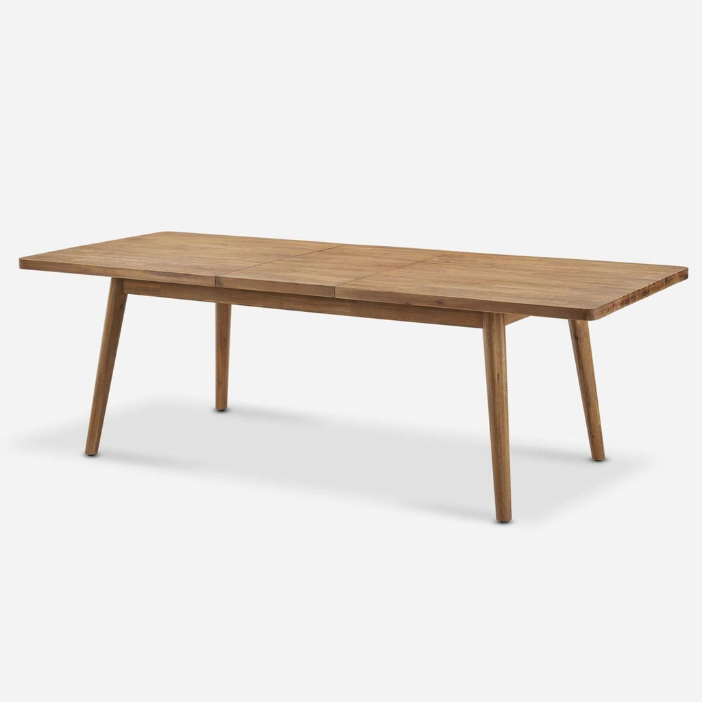 Dining table by Castlery, extends from 59 to 78.7 inches, featuring a split tabletop and wire-brushed finish.