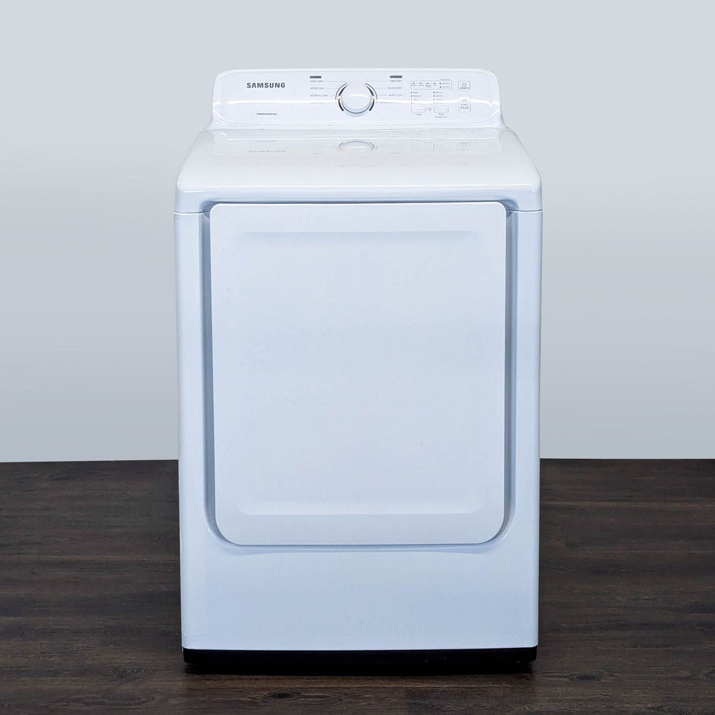 1. Front view of a Samsung washer/dryer unit with a closed door, showing the control panel and sleek design.  