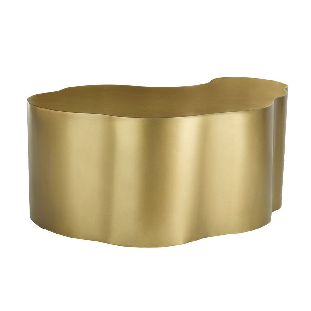 Sculptural Arteriors Home coffee table with an organic silhouette and shiny metallic finish.