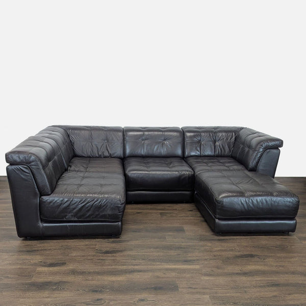 1. Spacious L-shaped Chateau d’Ax sectional in brown leather, deep seating, some minor wear, very comfortable.
