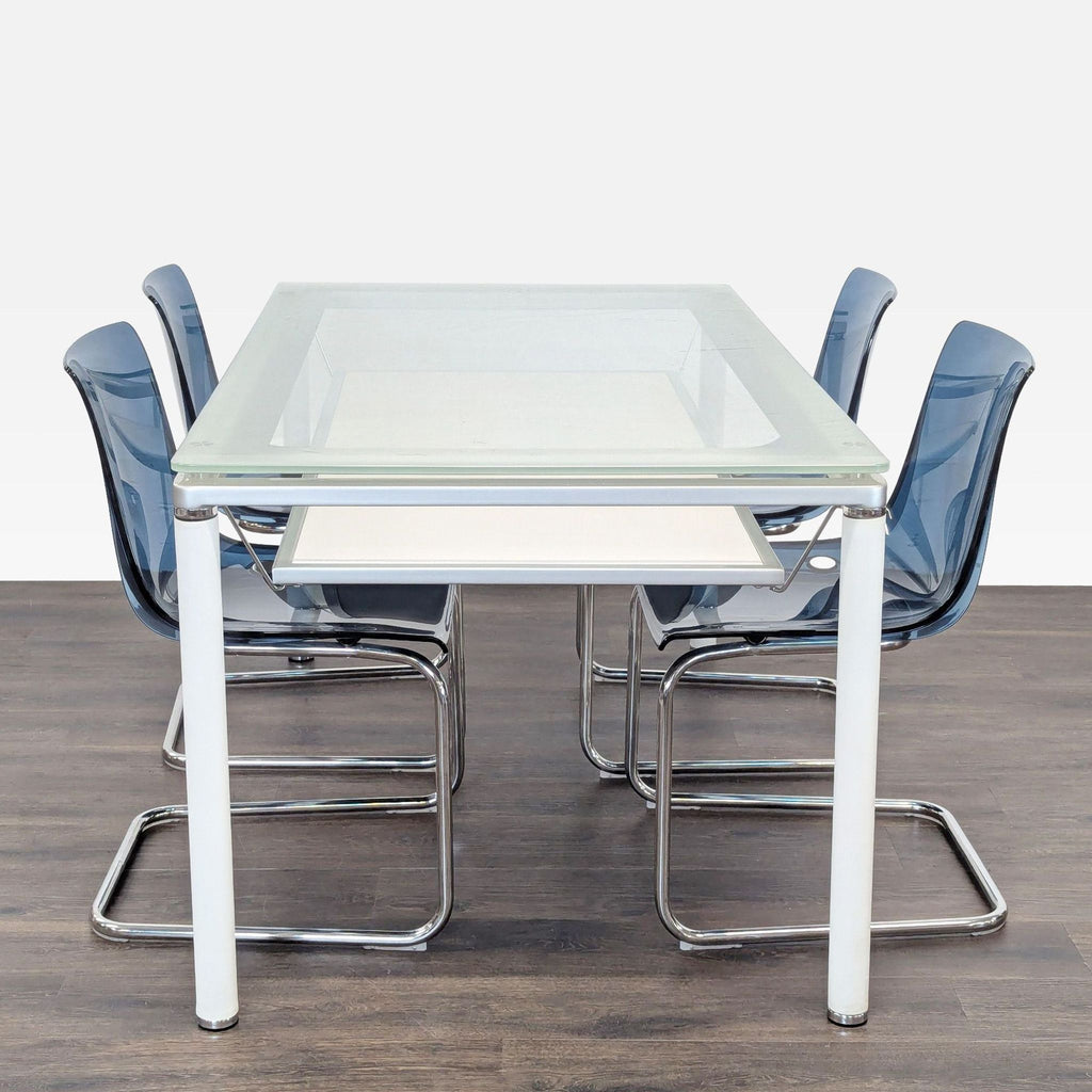 Modern Glass Dining Set with 4 Blue Chairs and White Metal Glass Top Table