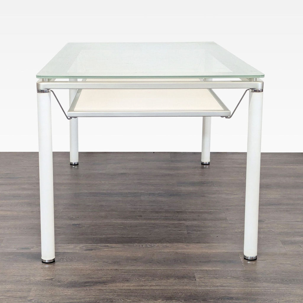 Modern Glass Dining Set with 4 Blue Chairs and White Metal Glass Top Table