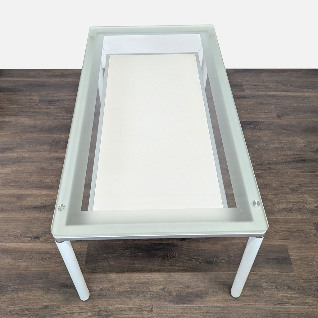 Modern Glass Dining Set with 4 Blue Chairs and White Metal Glass Top Table