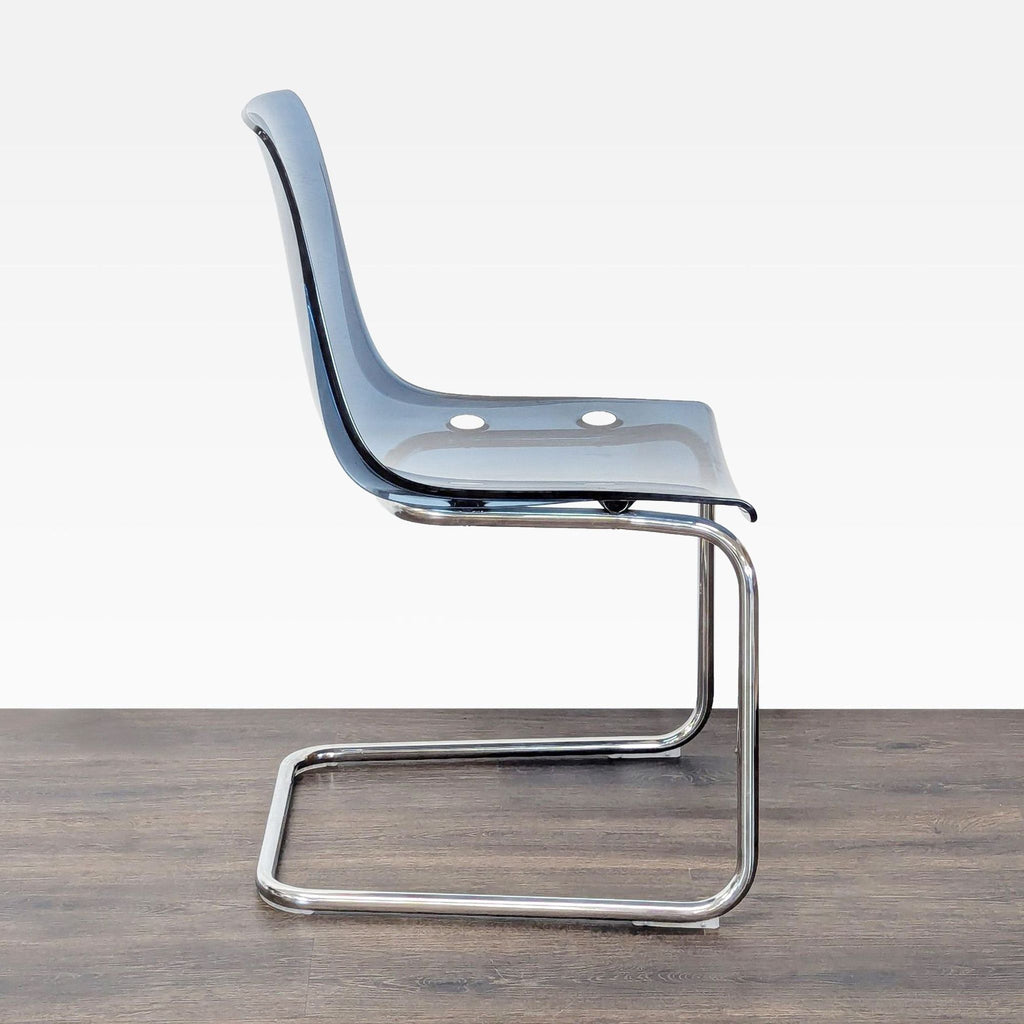 Modern Glass Dining Set with 4 Blue Chairs and White Metal Glass Top Table