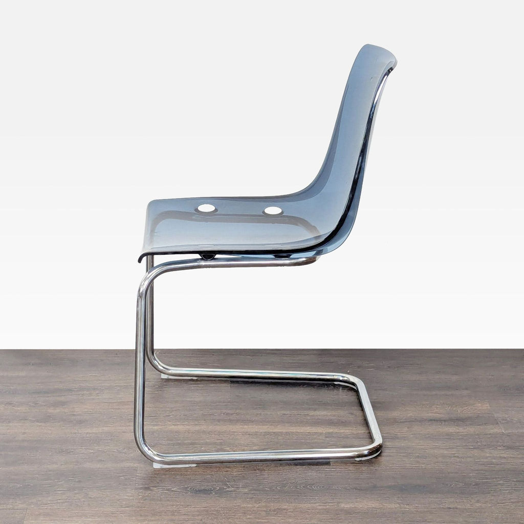 Modern Glass Dining Set with 4 Blue Chairs and White Metal Glass Top Table