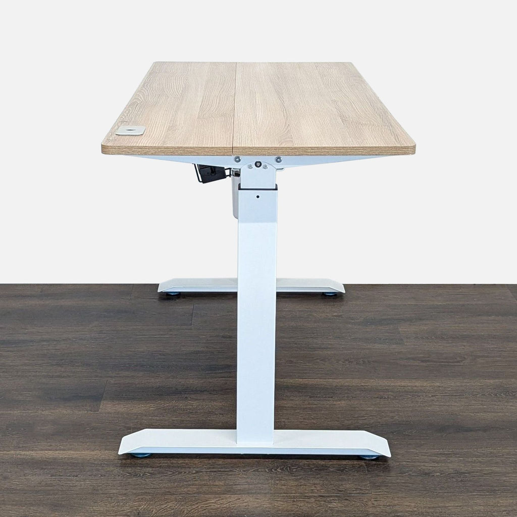 Versatile office desk in light wood and white metal, featuring adjustable height and cable management for neat workspaces.