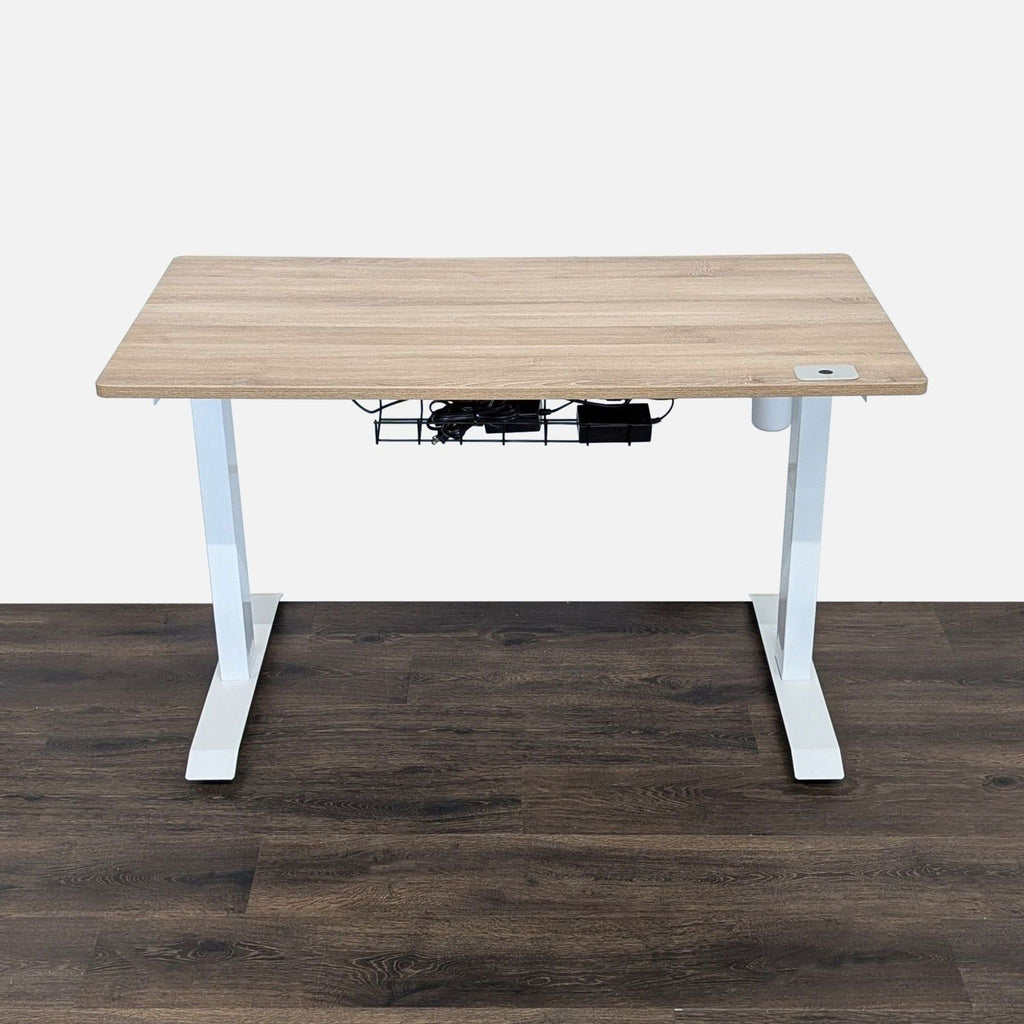 Height Adjustable Standing Desk with Light Wood Laminate Top and White Metal Legs