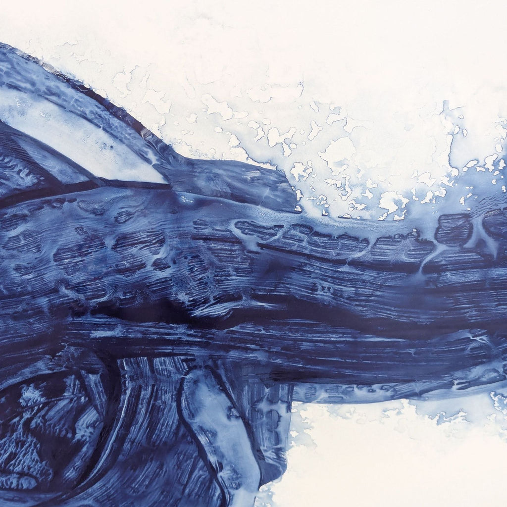 Modern Maker & Moss artwork featuring flowing blue strokes on a white background, ready to hang.