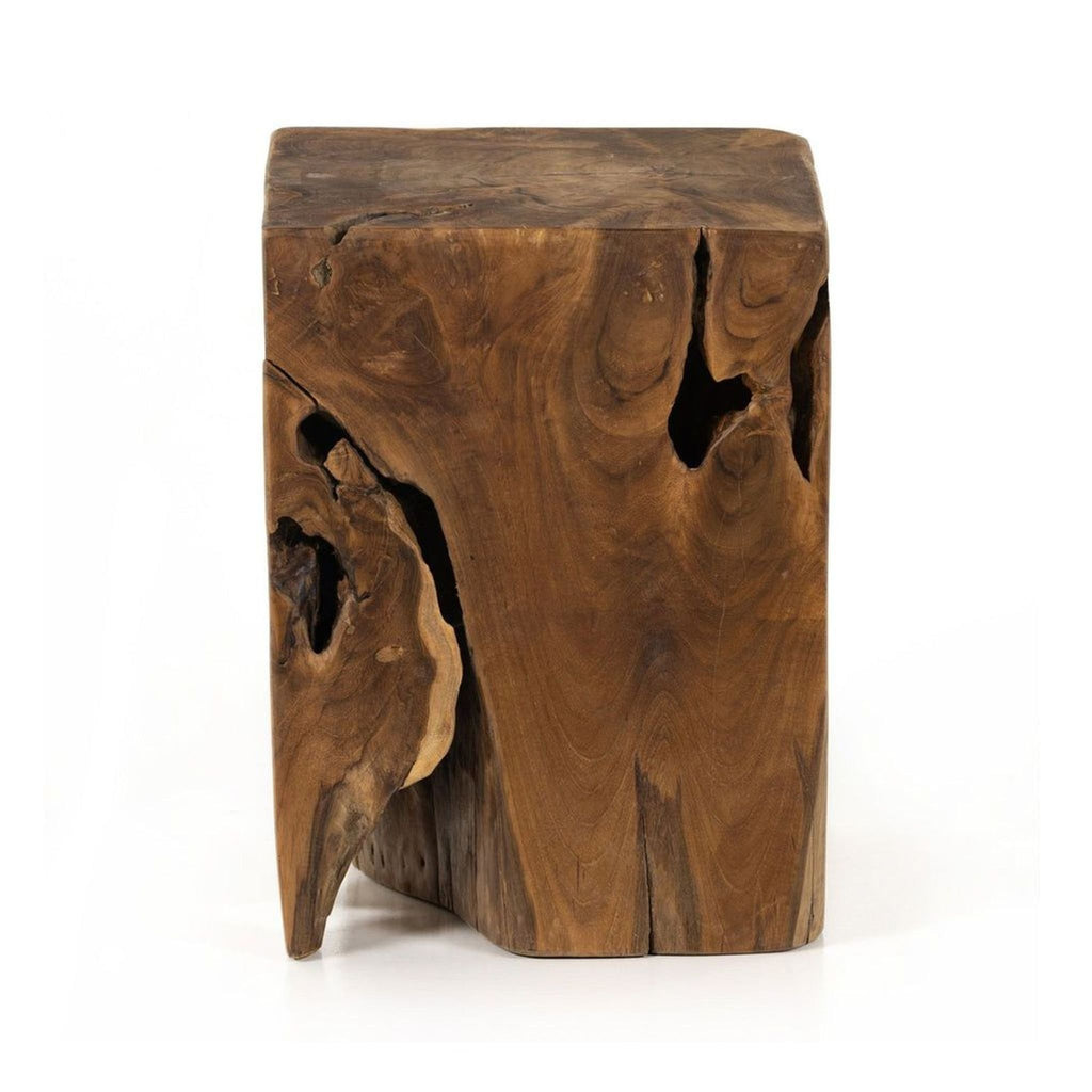 Solid teak wood accent stool by Four Hands with natural finish, showing unique grain patterns for outdoor use.