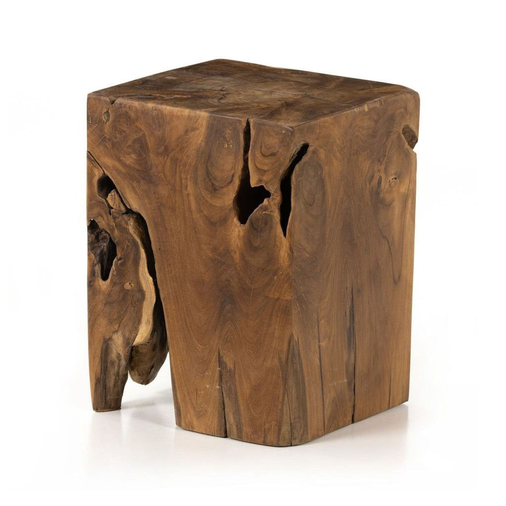 Rustic teak stool from Four Hands, featuring one-of-a-kind wood grain; ideal as side table or plant stand.