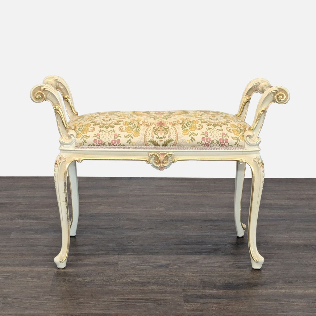 Hand-painted bench with high scroll arms, turned rails, and elegant cabriole legs.