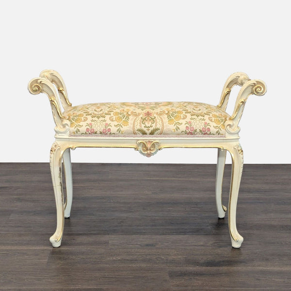 Hand-painted bench with high scroll arms, turned rails, and elegant cabriole legs.