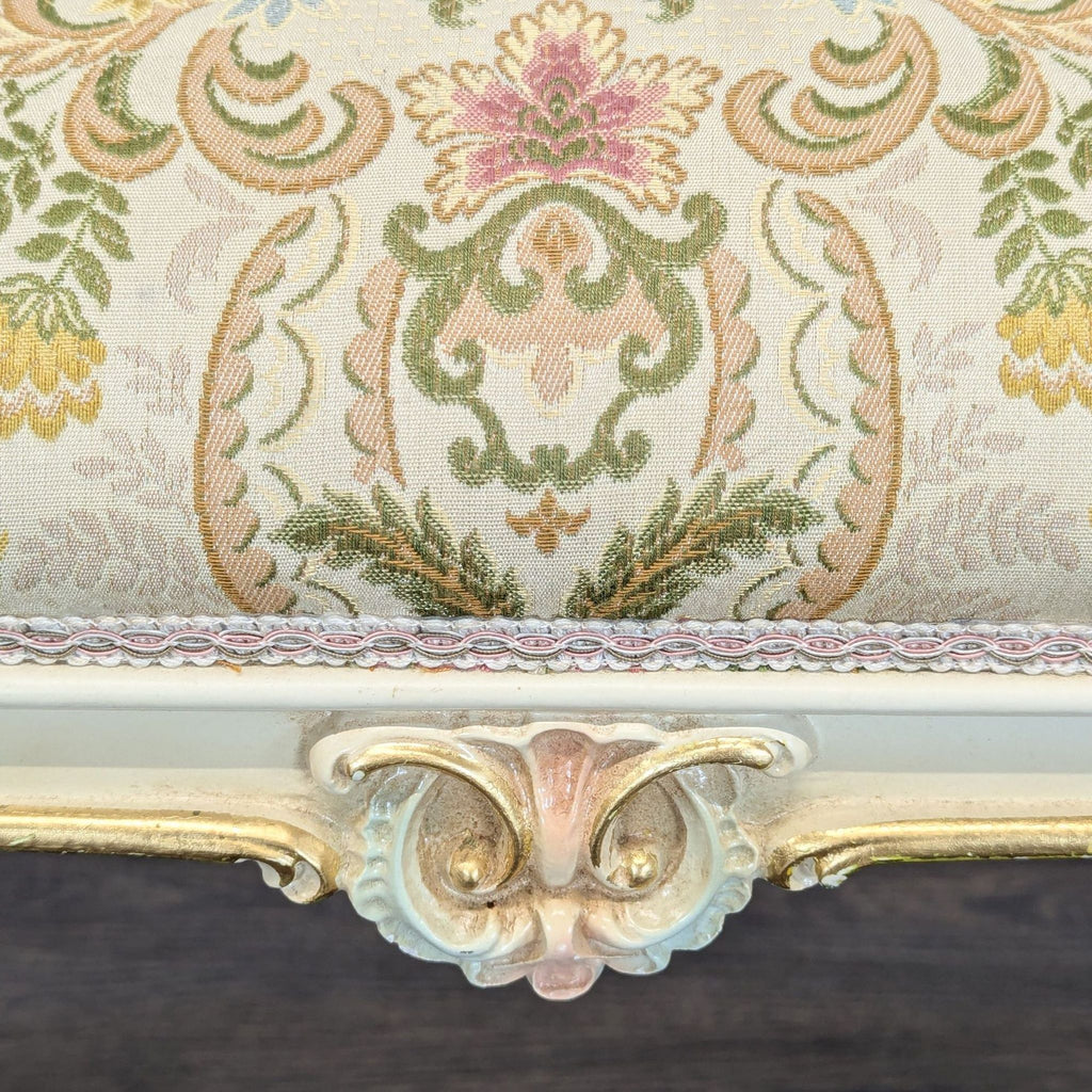 Vintage-style bench with hand-painted details, high scroll arms, and stylish cabriole legs.