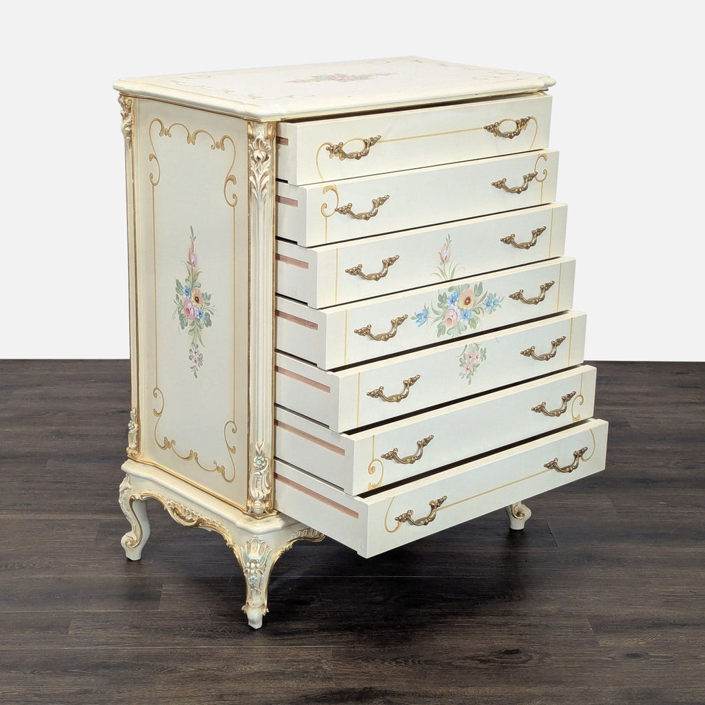 Classic Rococo dresser with hand-painted floral design, gold accents, and ample storage for clothes or linens.