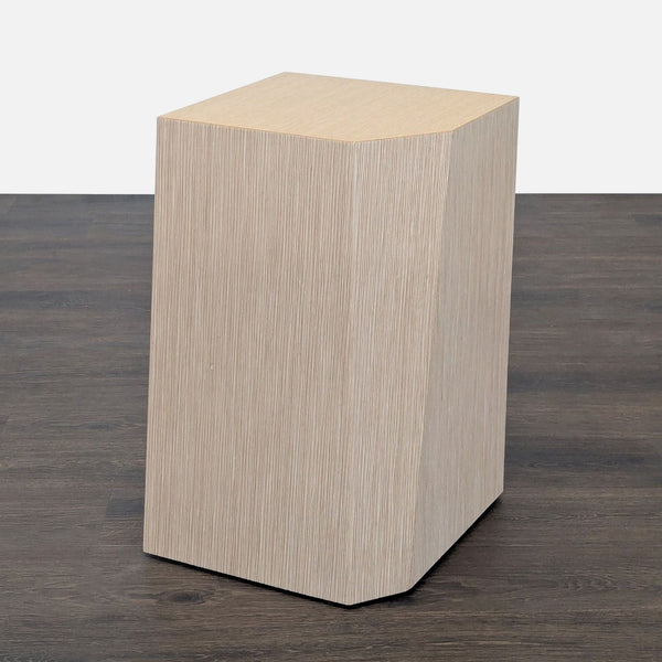 Embossed wood side table by Coalesse, designed by Norman Deikman, with textured dimension on all sides.
