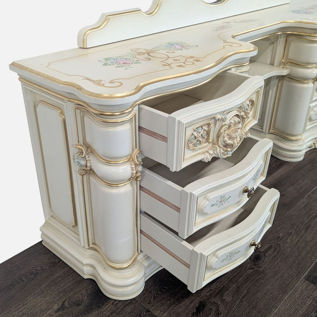 Elegant Vintage Provincial Rococo Style Vanity with Mirror and Hand-Painted Floral Details