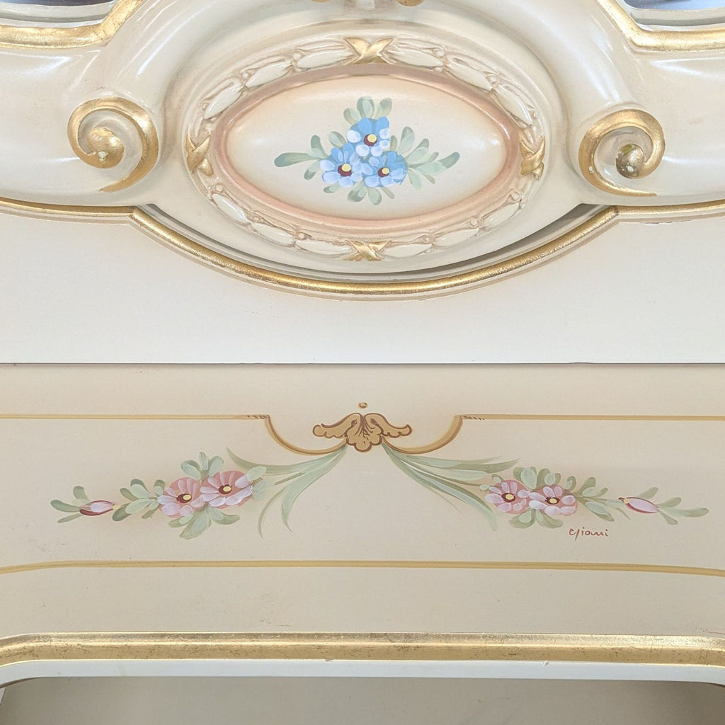 Elegant, hand-painted vanity dresser with spacious storage, floral details, and classic mirror for bedrooms.