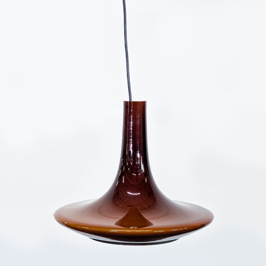 2. Retro brown hanging light fixture with a flared, glossy glass shade, seen from the side and below.