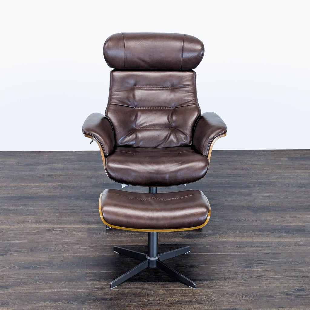 Brown leather lounge chair and ottoman set by Living Spaces featuring a sturdy wooden frame, ideal for relaxing.