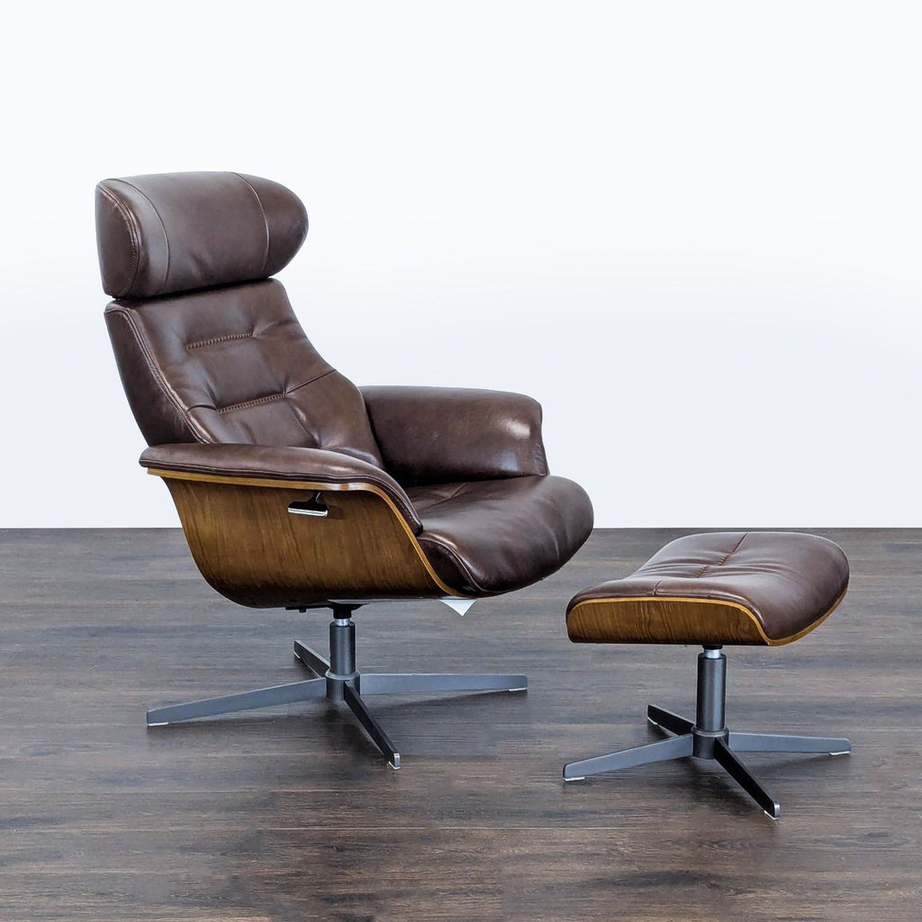 Modern Living Spaces lounge chair in brown leather with matching ottoman and durable wooden base for comfort.