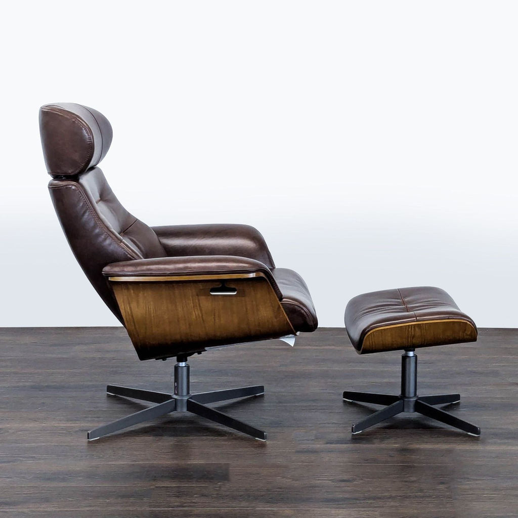 Living Spaces brown leather lounge set with ottoman, perfect for lounging in any living room or office space.