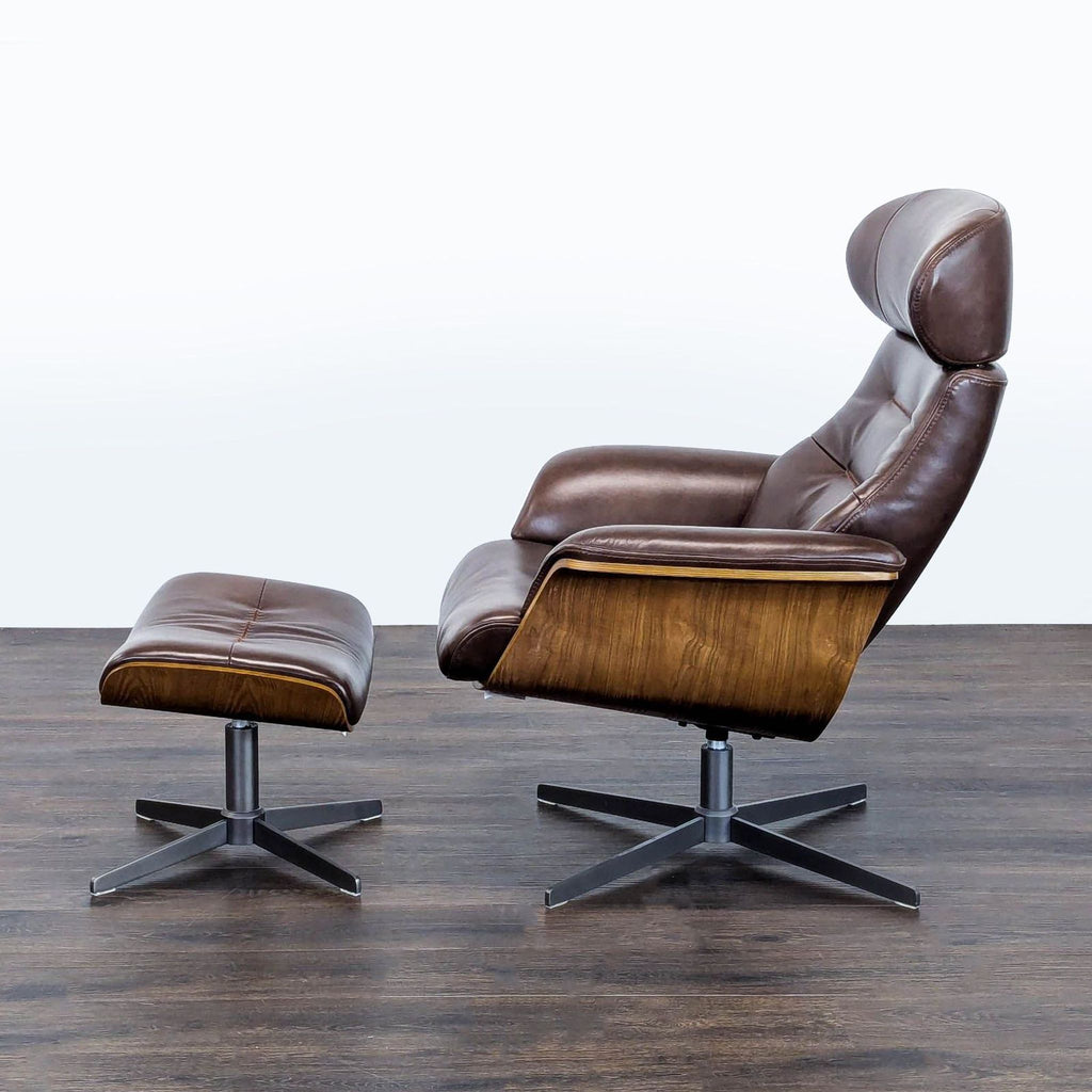 Living Spaces Brown Leather  Reclining Lounge Chair with Ottoman