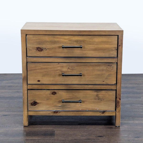 Magnolia Home Architectural Scaffold Nightstand with exposed side drawers in pine wood, end table style.  