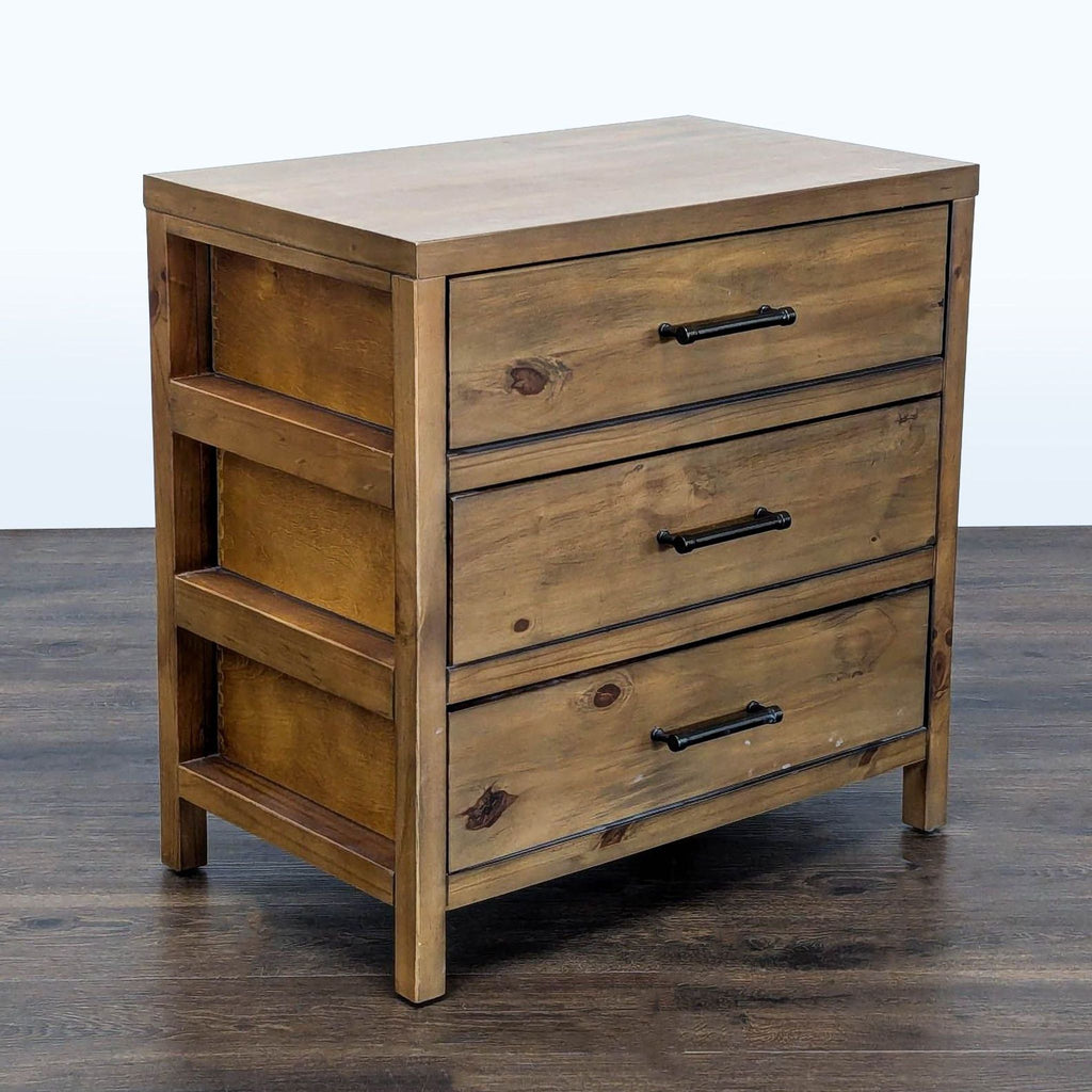 Architectural Scaffold Nightstand by Magnolia Home showing unique open-sided drawers and pine construction.