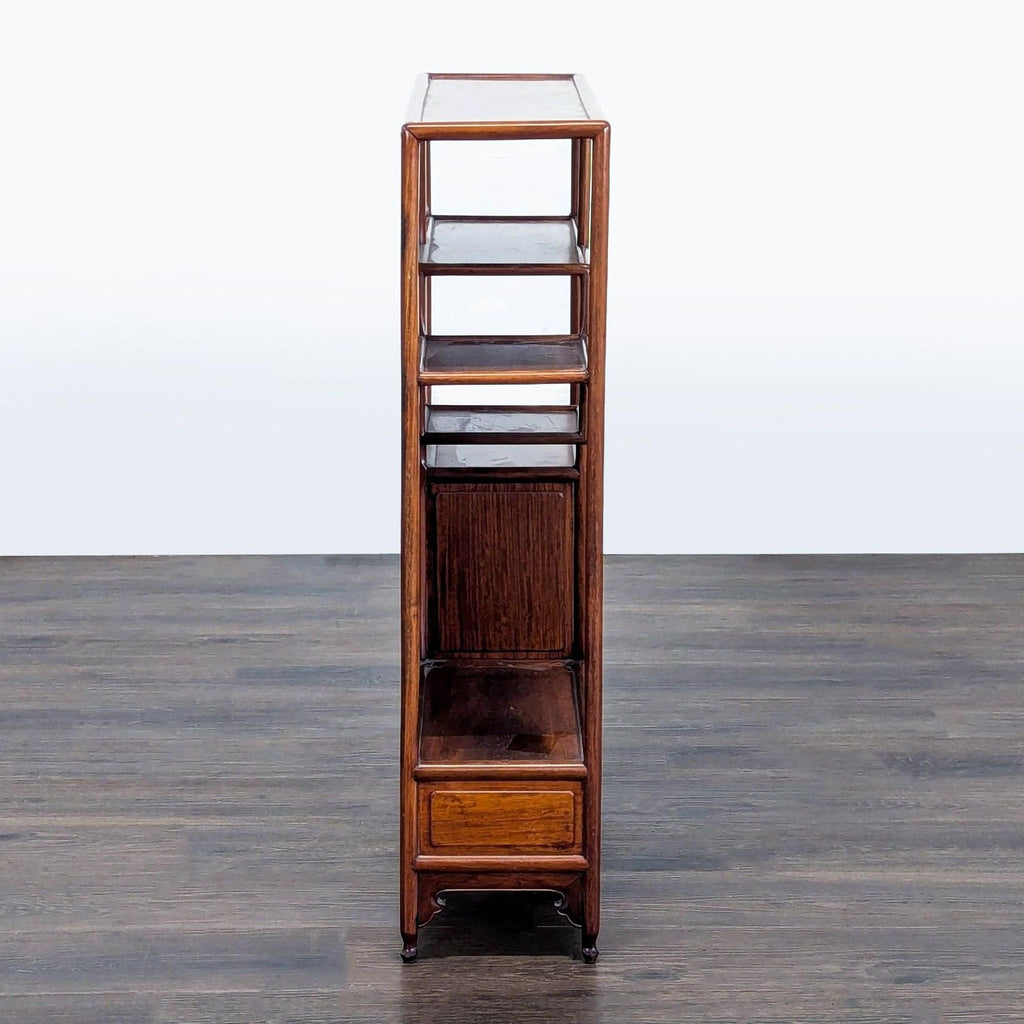 Vintage Wooden Bookshelf with Carved Drawers and Cabinet