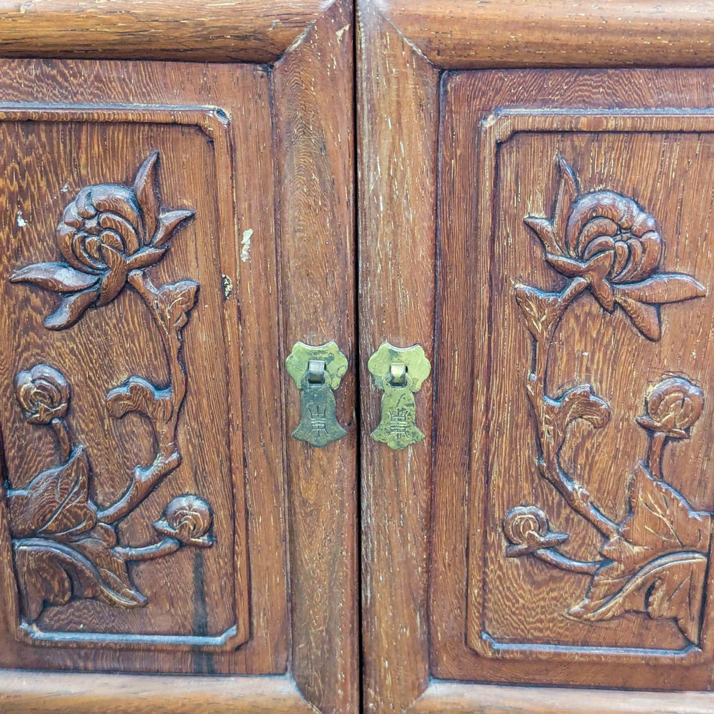 Vintage Wooden Bookshelf with Carved Drawers and Cabinet