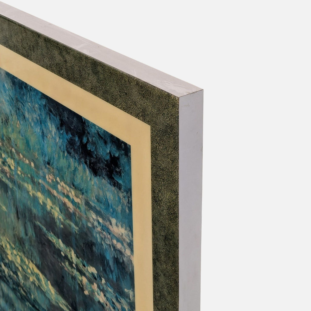 Classic art print showing vibrant blue and green water lilies, elegantly framed for home or office decor.