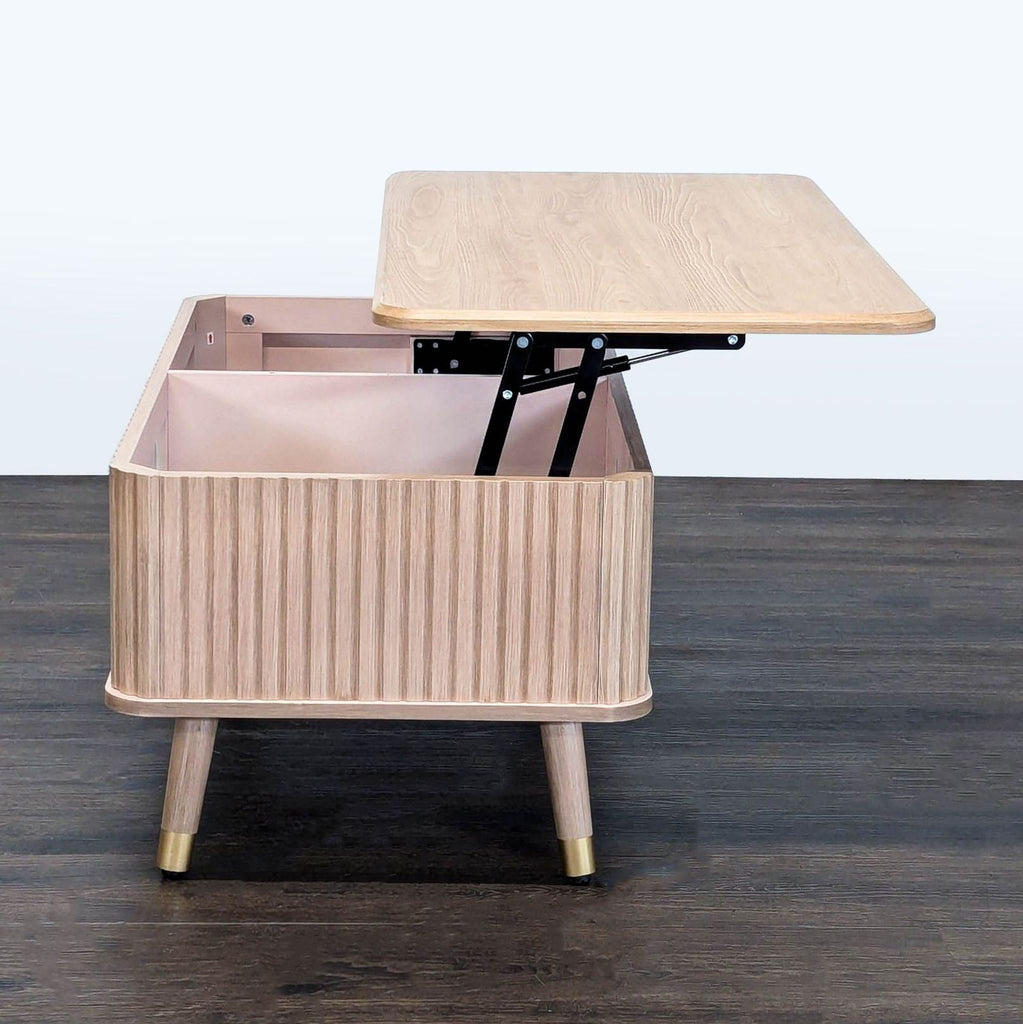 Joinice coffee table featuring a fluted wood pattern and oak finish in a mid-century style.  